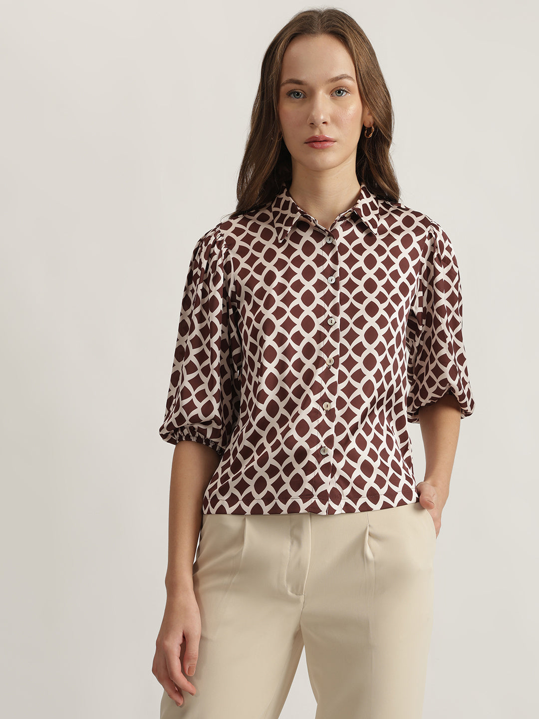 Centre Stage Women Brown Printed Spread Collar Short Sleeves Shirt