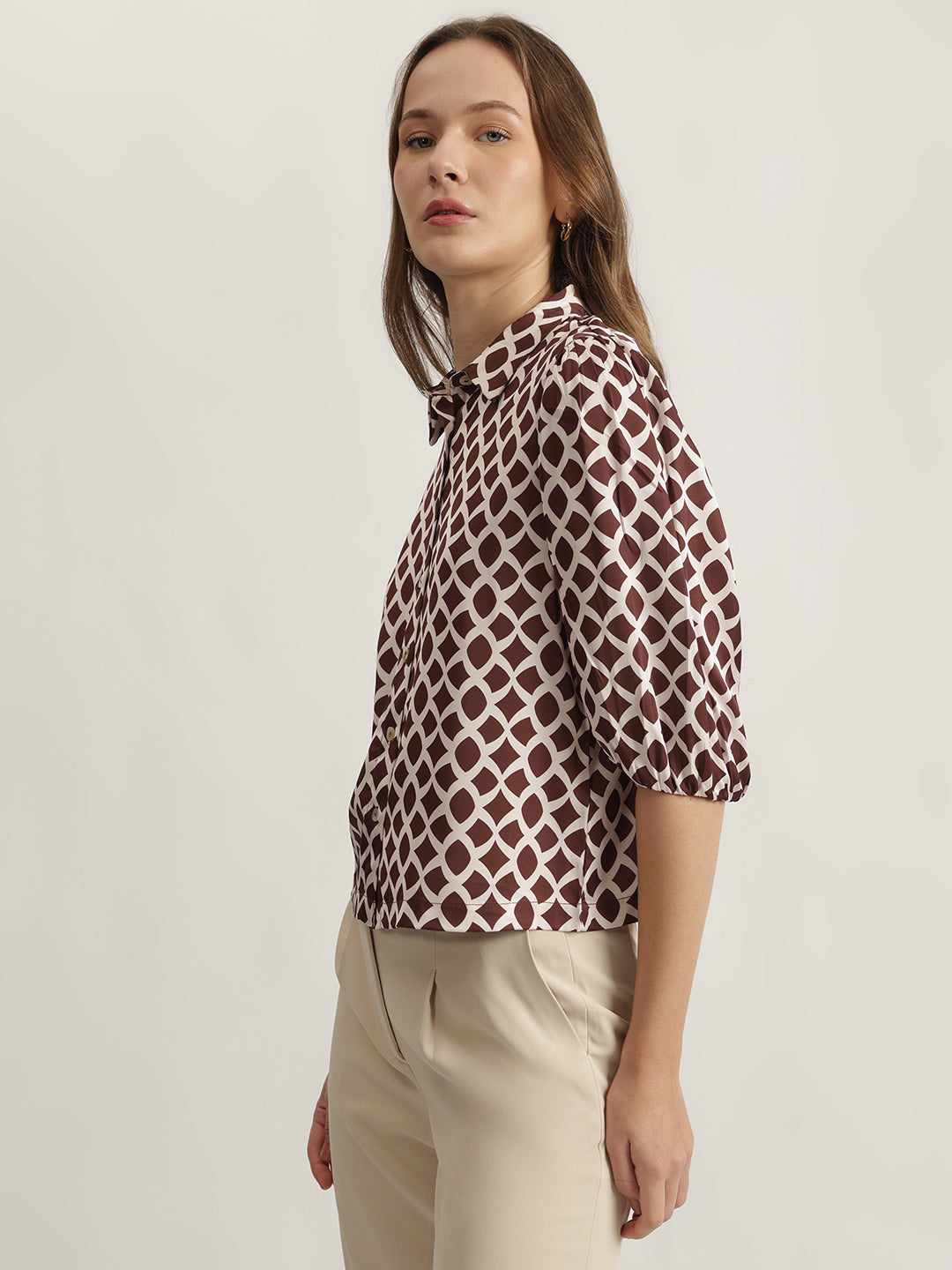 Centre Stage Women Brown Printed Spread Collar Short Sleeves Shirt