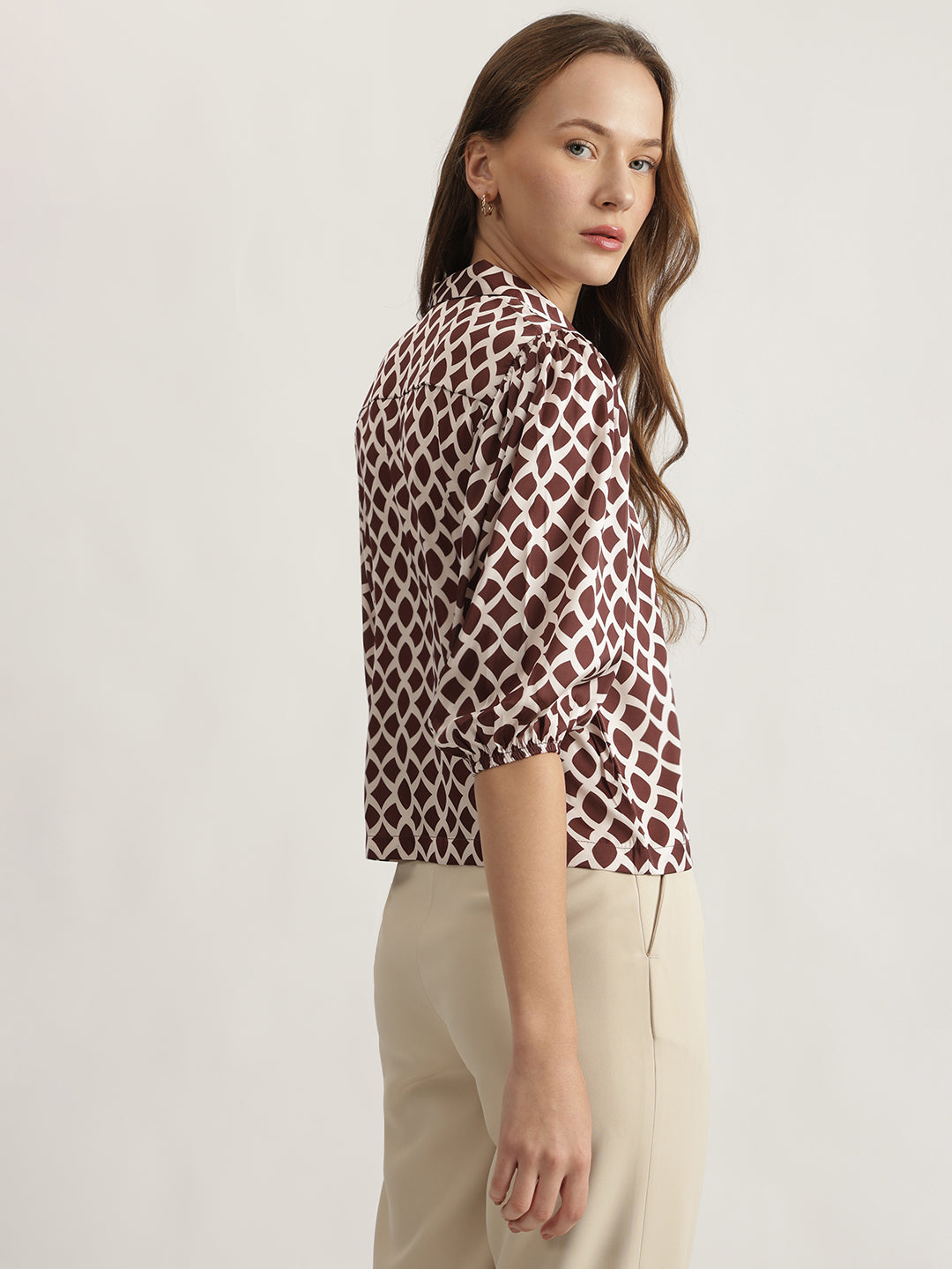 Centre Stage Women Brown Printed Spread Collar Short Sleeves Shirt