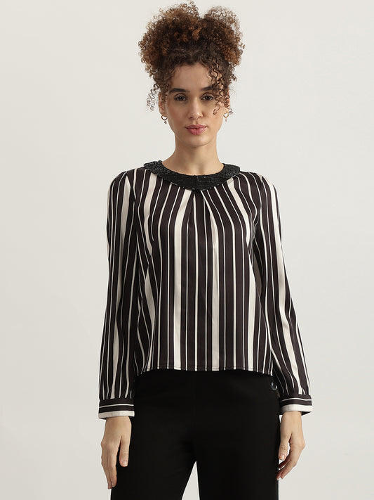 Centrestage Women Black Striped Round Neck Full Sleeves Top