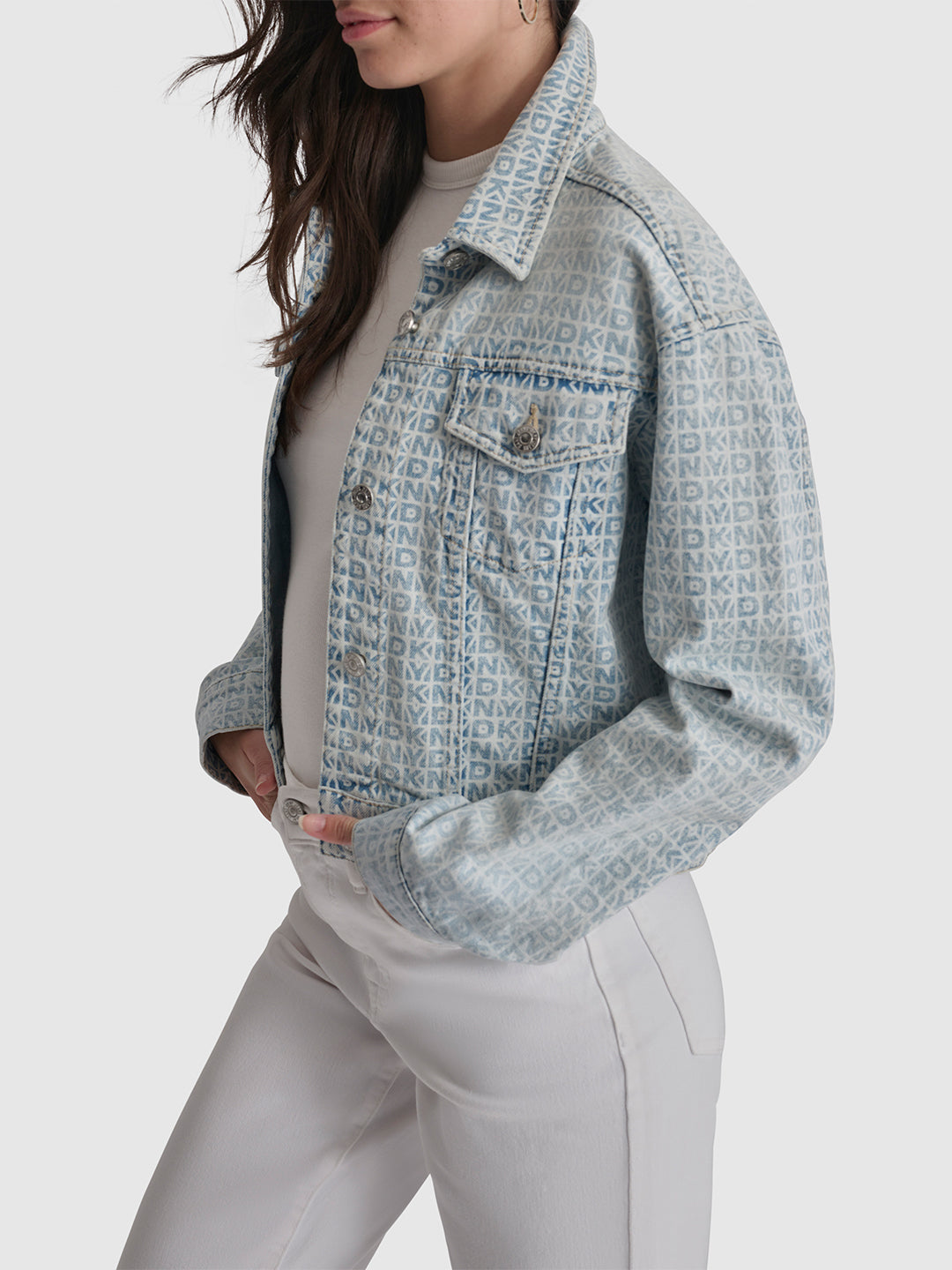 Dkny Women Blue Printed Spread Collar Full Sleeves Denim Jacket