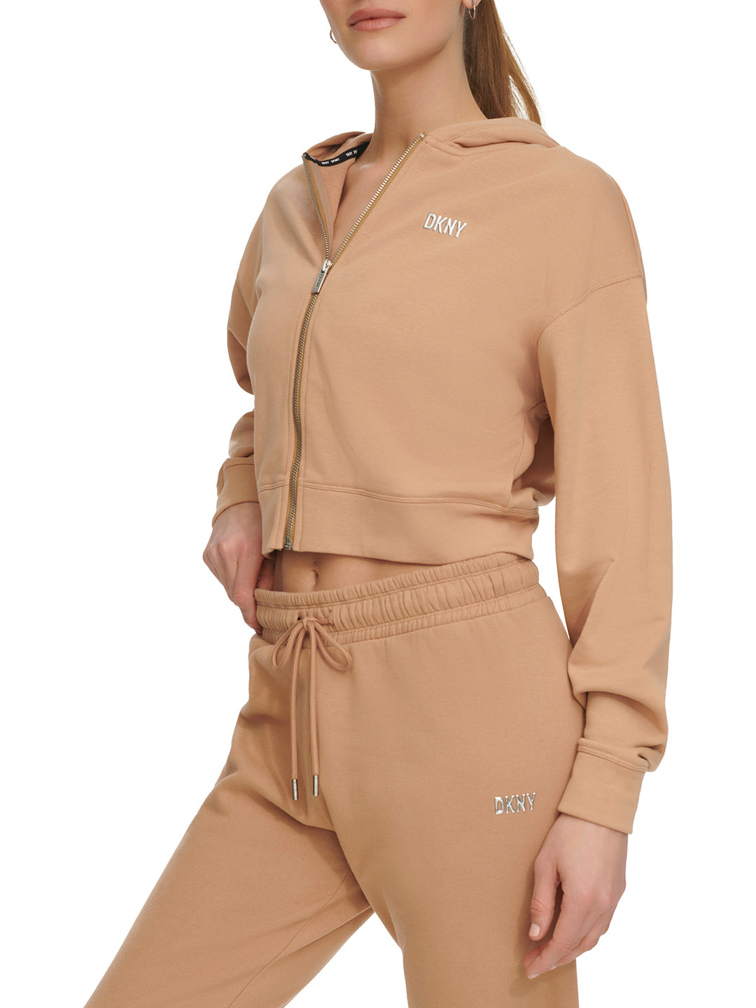 Dkny Women Brown Solid Hooded Full Sleeves Zipped Sweatshirt