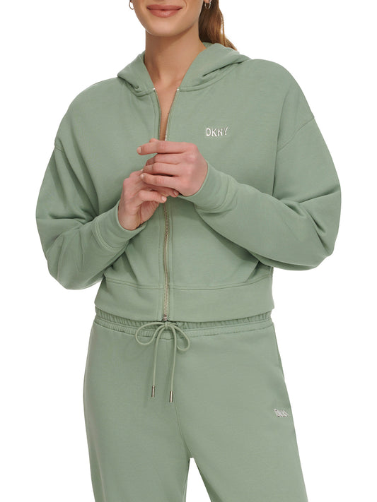 Dkny Women Green Solid Hooded Full Sleeves Zipped Sweatshirt