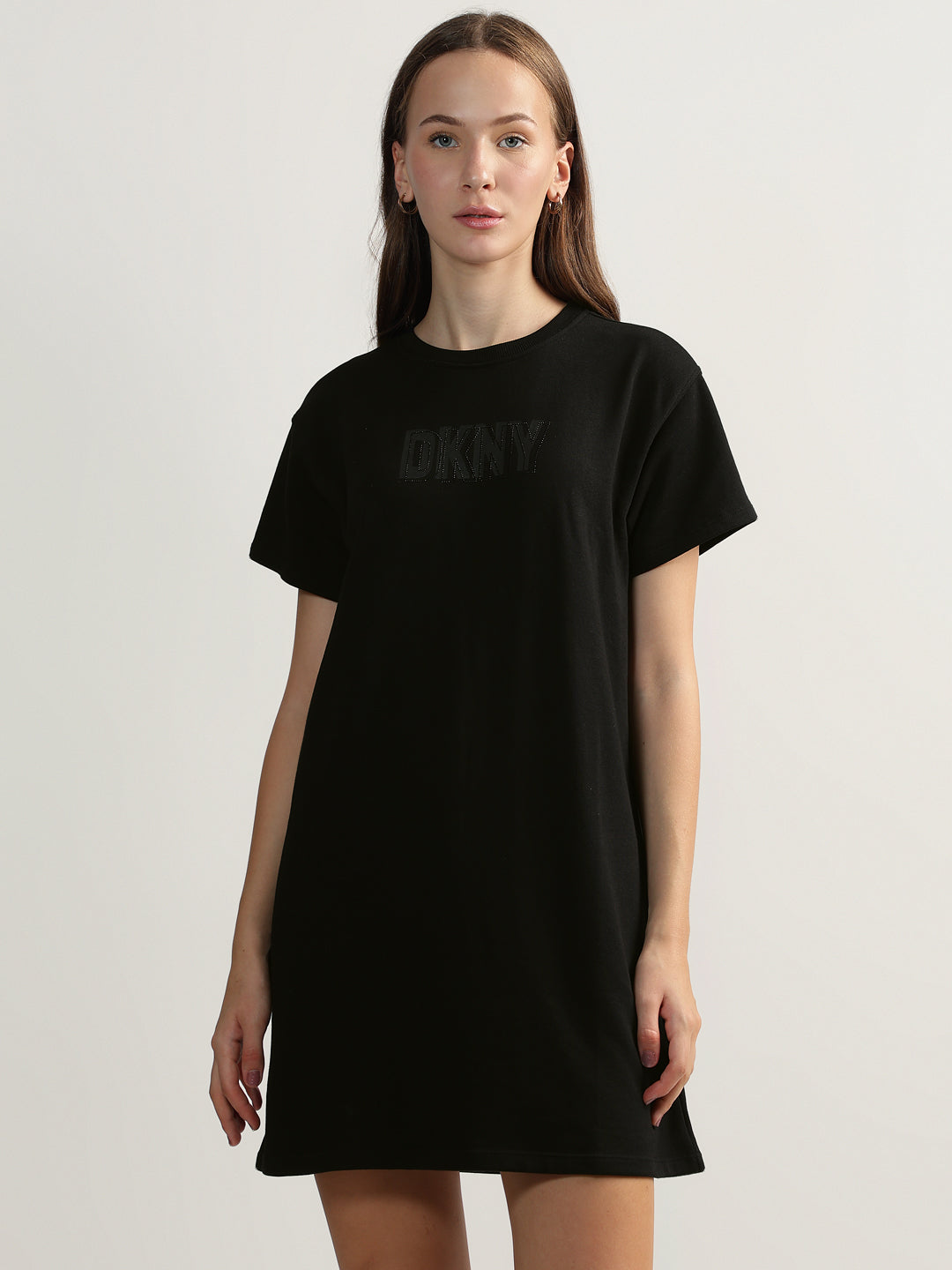 DKNY Women Black Solid Round Neck Short Sleeves T-shirt Dress