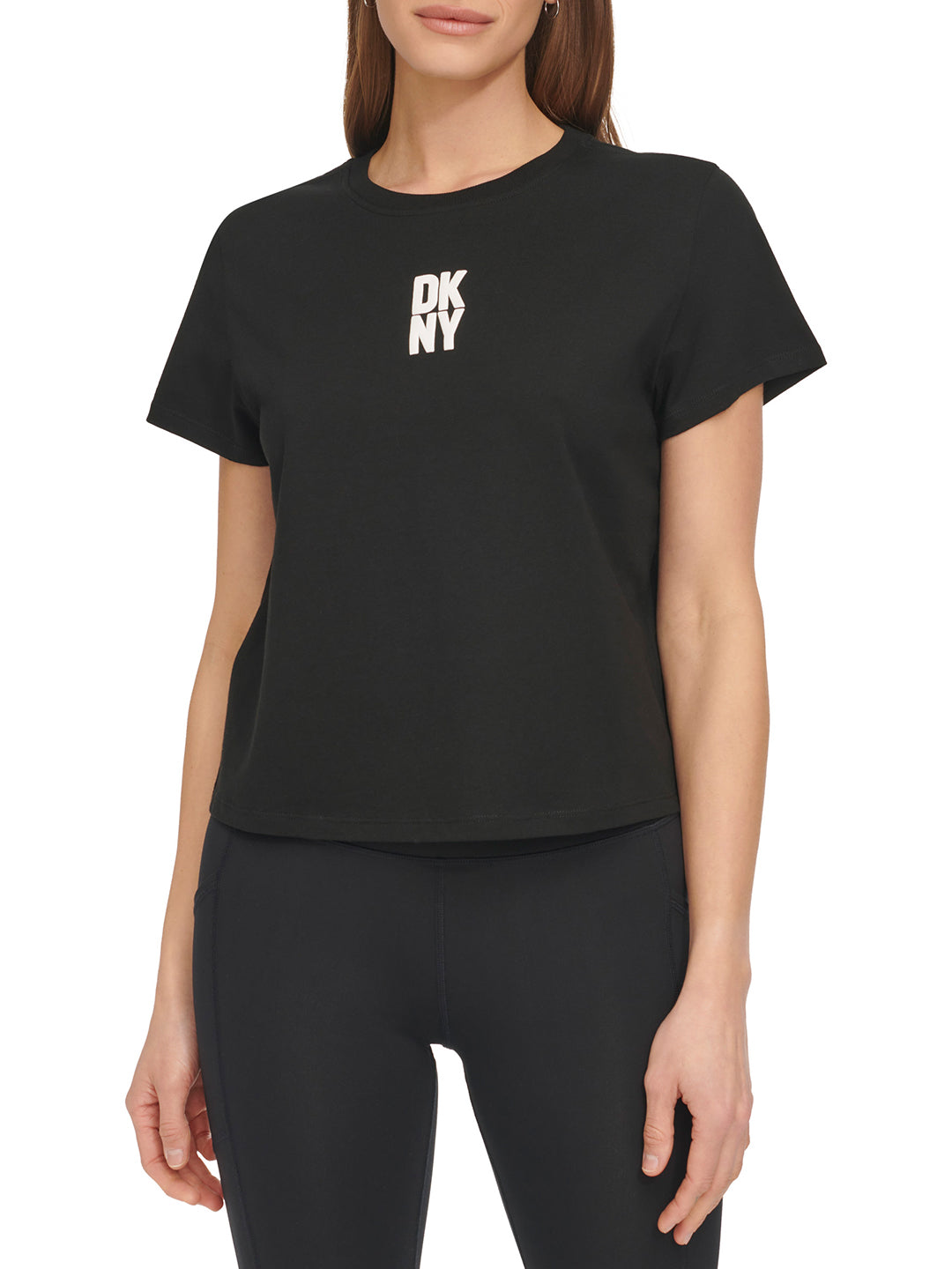 Dkny Women Black Solid Round Neck Short Sleeves T-Shirt