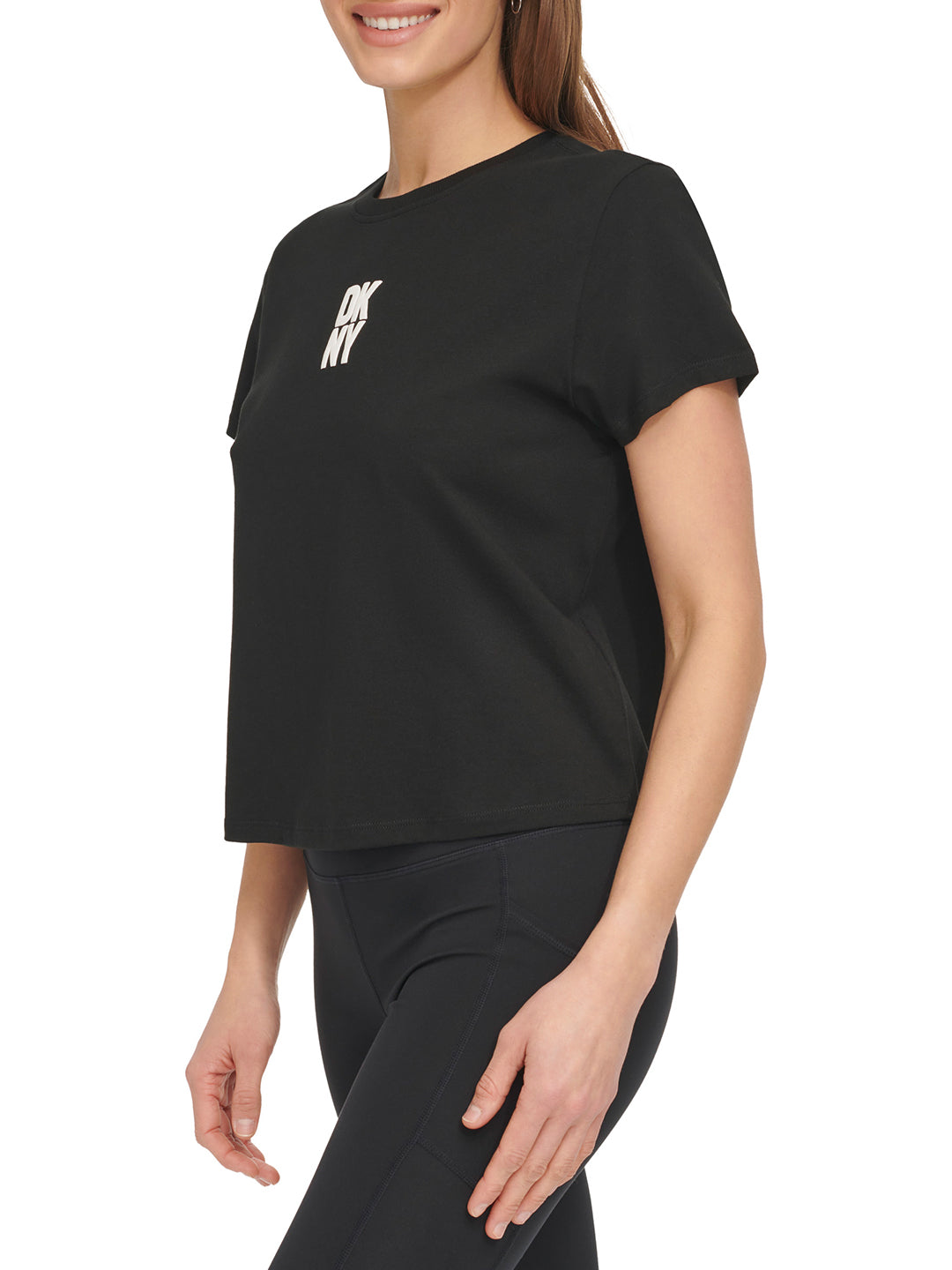 Dkny Women Black Solid Round Neck Short Sleeves T-Shirt