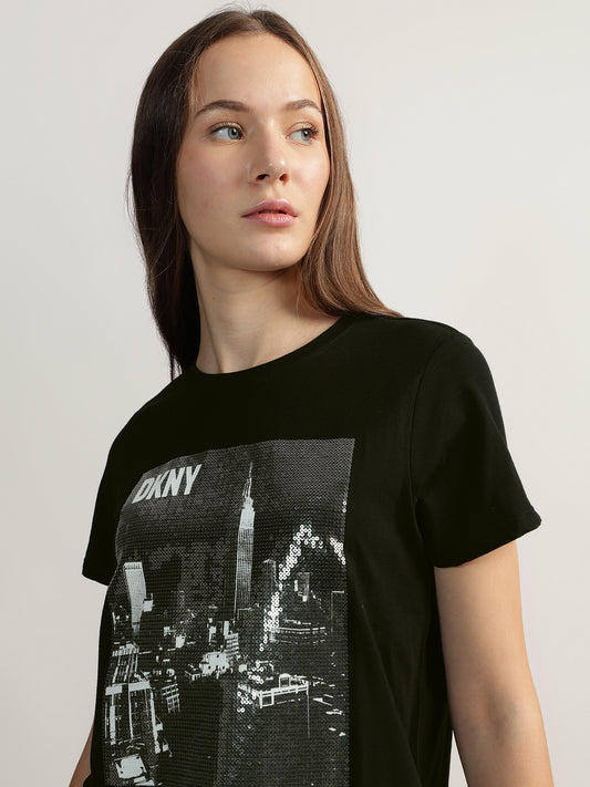 DKNY Women Black Embellished Round Neck Short Sleeves T-Shirt