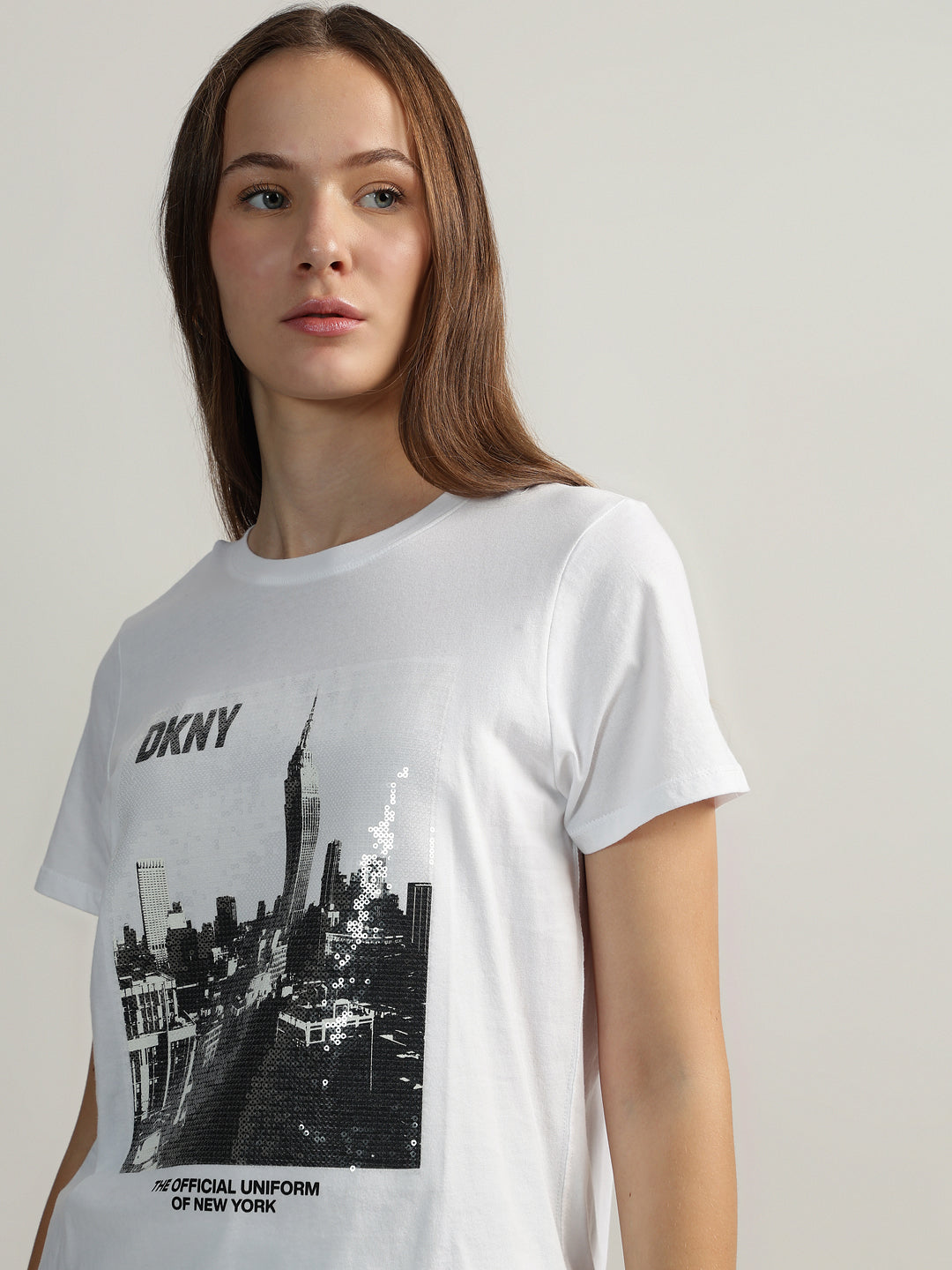 DKNY Women White Embellished Round Neck Short Sleeves T-Shirt