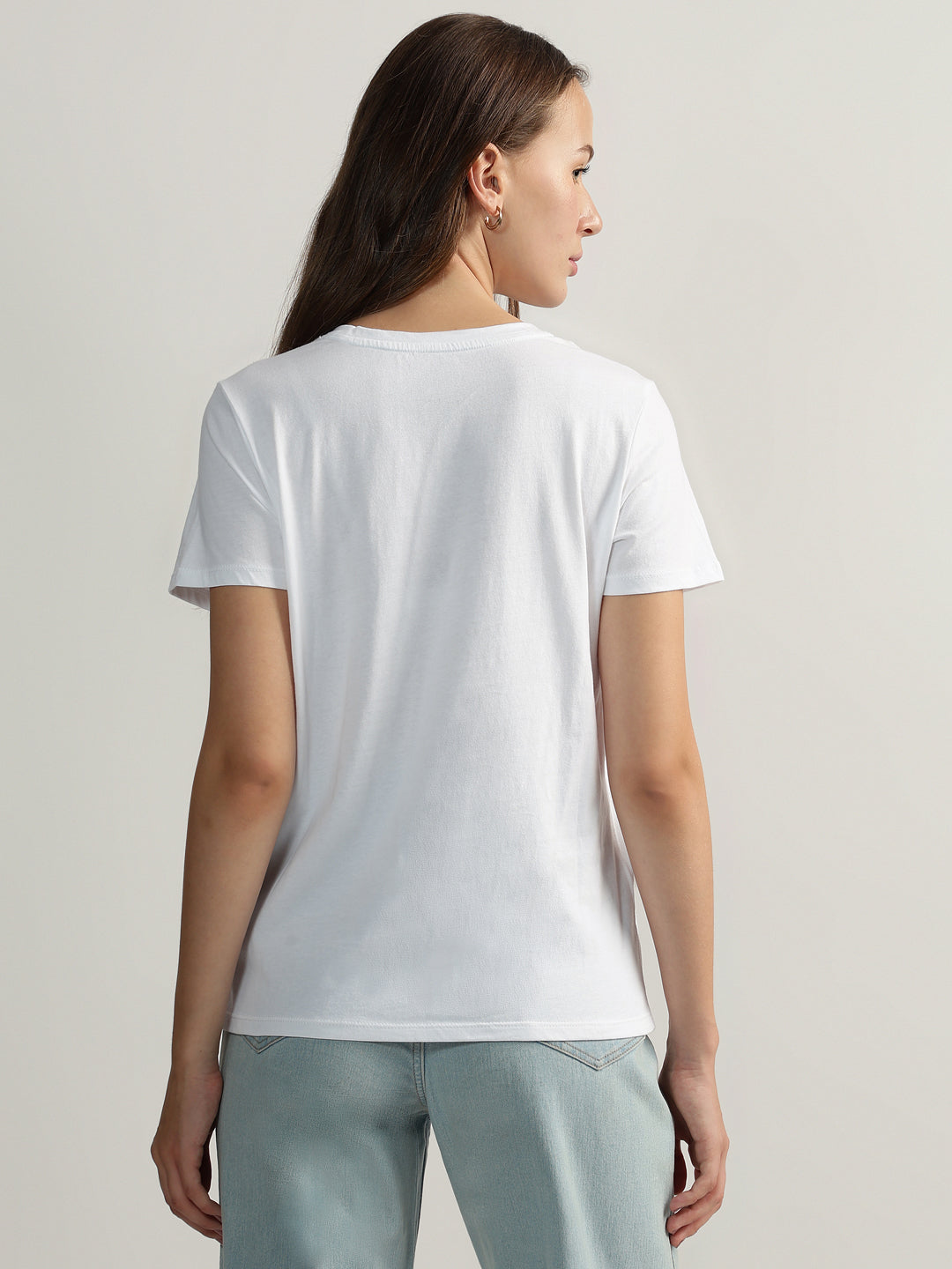 DKNY Women White Embellished Round Neck Short Sleeves T-Shirt