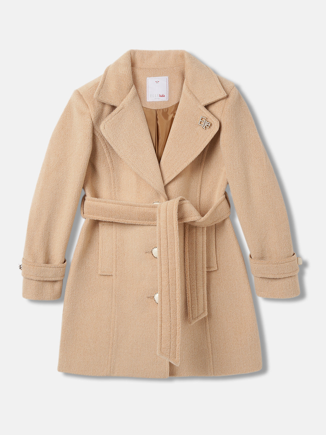 Elle Girls Beige Solid Notched Collar Full Sleeves Overcoat