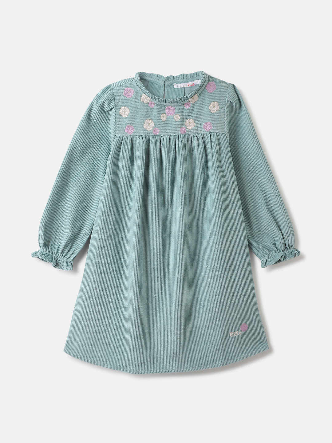 Elle Girls Green Solid Round Neck Full Sleeves A-Line Corduroy Dress