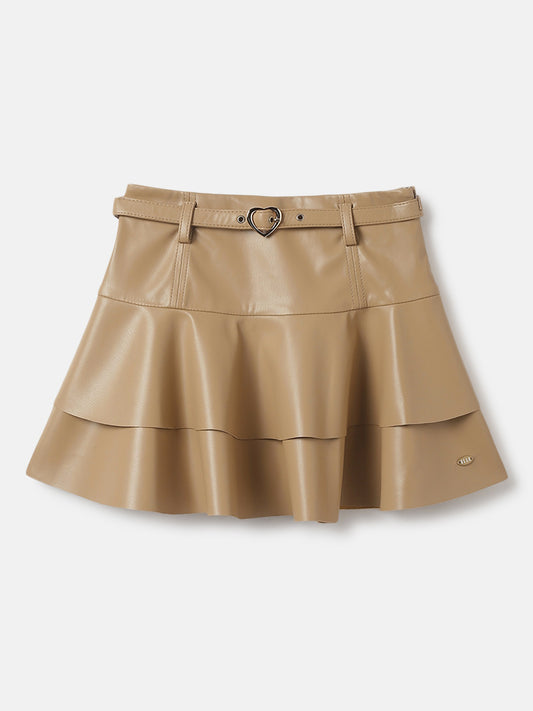 Elle Girls Beige Solid Regular Fit Flared Skirt