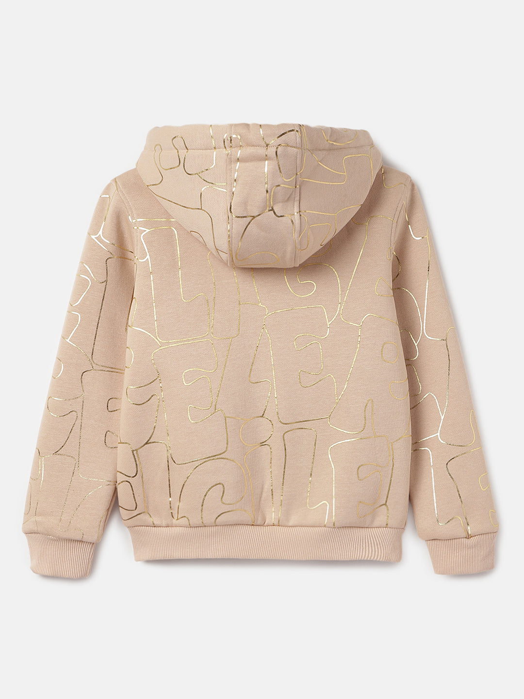 Elle Girls Beige Printed Hooded Full Sleeves Zip Through Sweatshirt