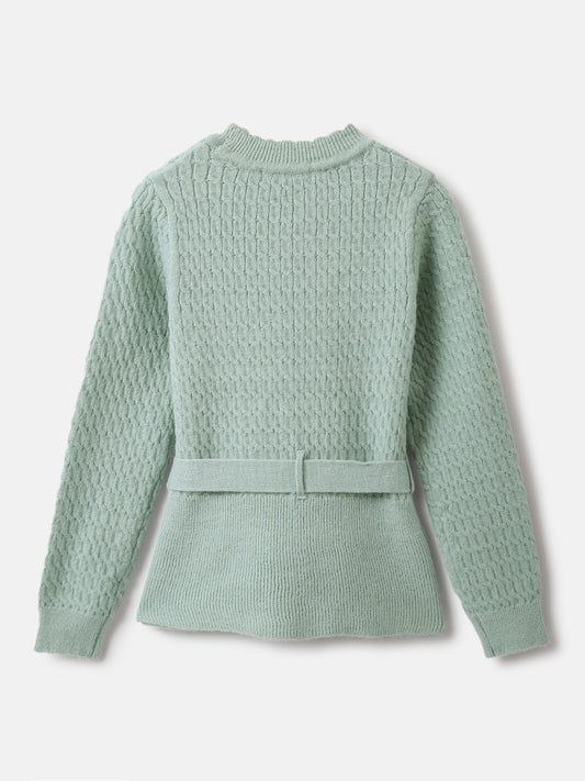 Elle Girls Green Self Design Mock Neck Full Sleeves Pullover Style Sweater