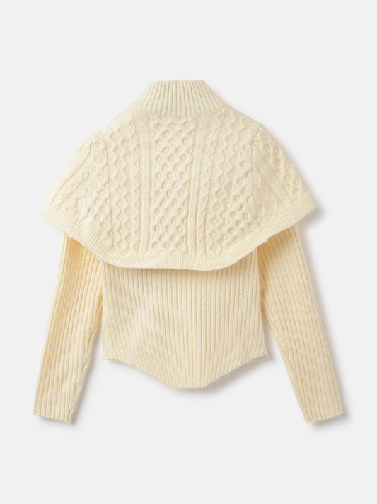 Elle Girls Cream Ribbed Round Neck Full Sleeves Sweater With Poncho