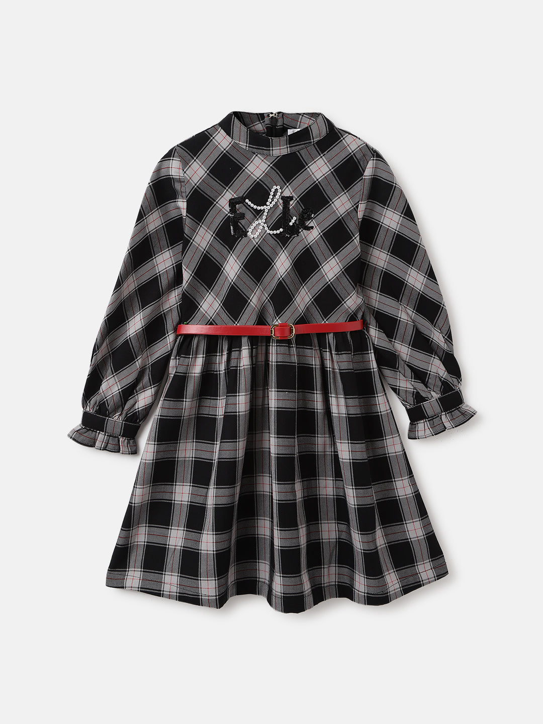 Elle Girls Black Checked Round Neck Full Sleeves A-Line Dress