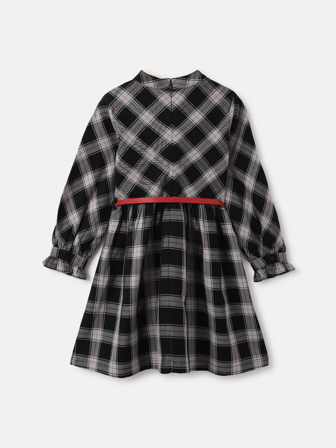 Elle Girls Black Checked Round Neck Full Sleeves A-Line Dress