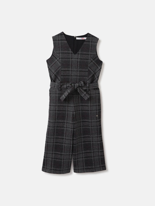 Elle Girls Black Checked V-Neck Sleeveless Jumpsuit