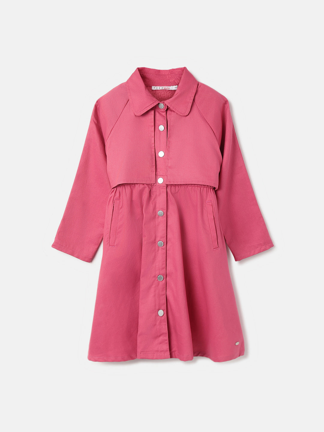 Elle Girls Pink Solid Shirt Collar Full Sleeves A-Line Dress