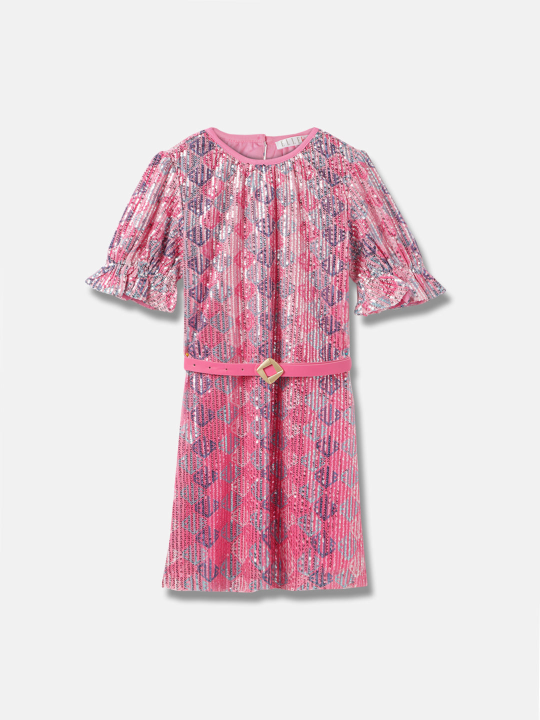 Elle Girls Pink Embellished Round Neck Short Sleeves Belted Dress