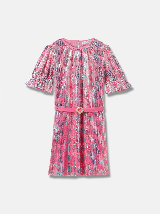 Elle Girls Pink Embellished Round Neck Short Sleeves Belted Dress