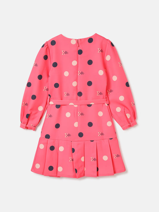 Elle Girls Dark Pink Polka Print Round Neck Full Sleeves Pleated A-Line Dress