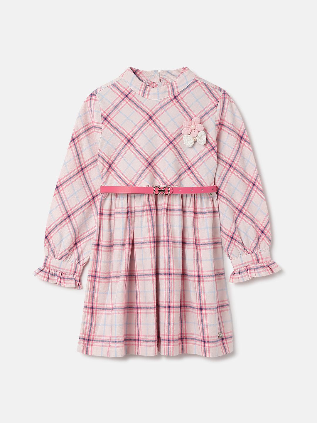 Elle Girls Pink Checked Mock Neck Full Sleeves Fit And Flare Dress