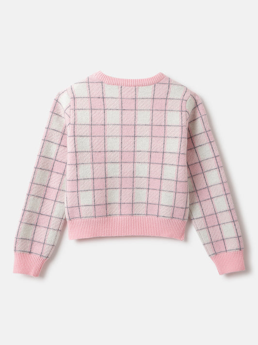 Elle Girls Pink Checked Round Neck Full Sleeves Pullover Style Sweater