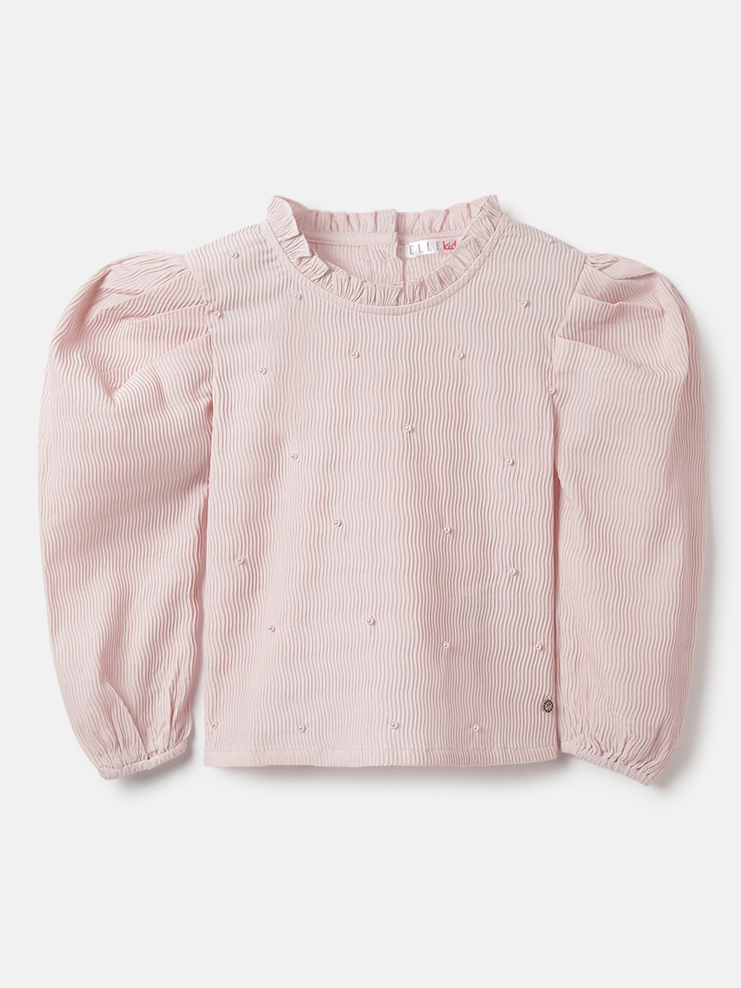 Elle Girls Pink Embellished Ruffle Neck Full Sleeves Top