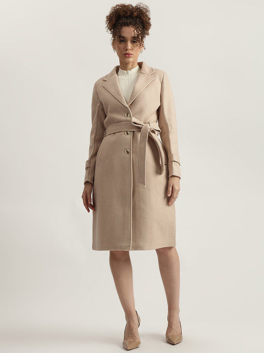 Elle Women Beige Solid Notched Collar Full Sleeves Overcoat