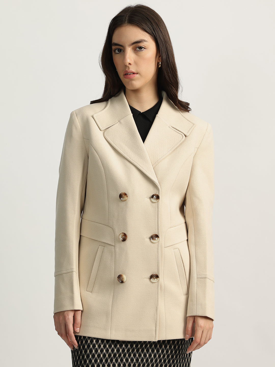 Elle Women Beige Solid Notched Collar Full Sleeves Overcoat