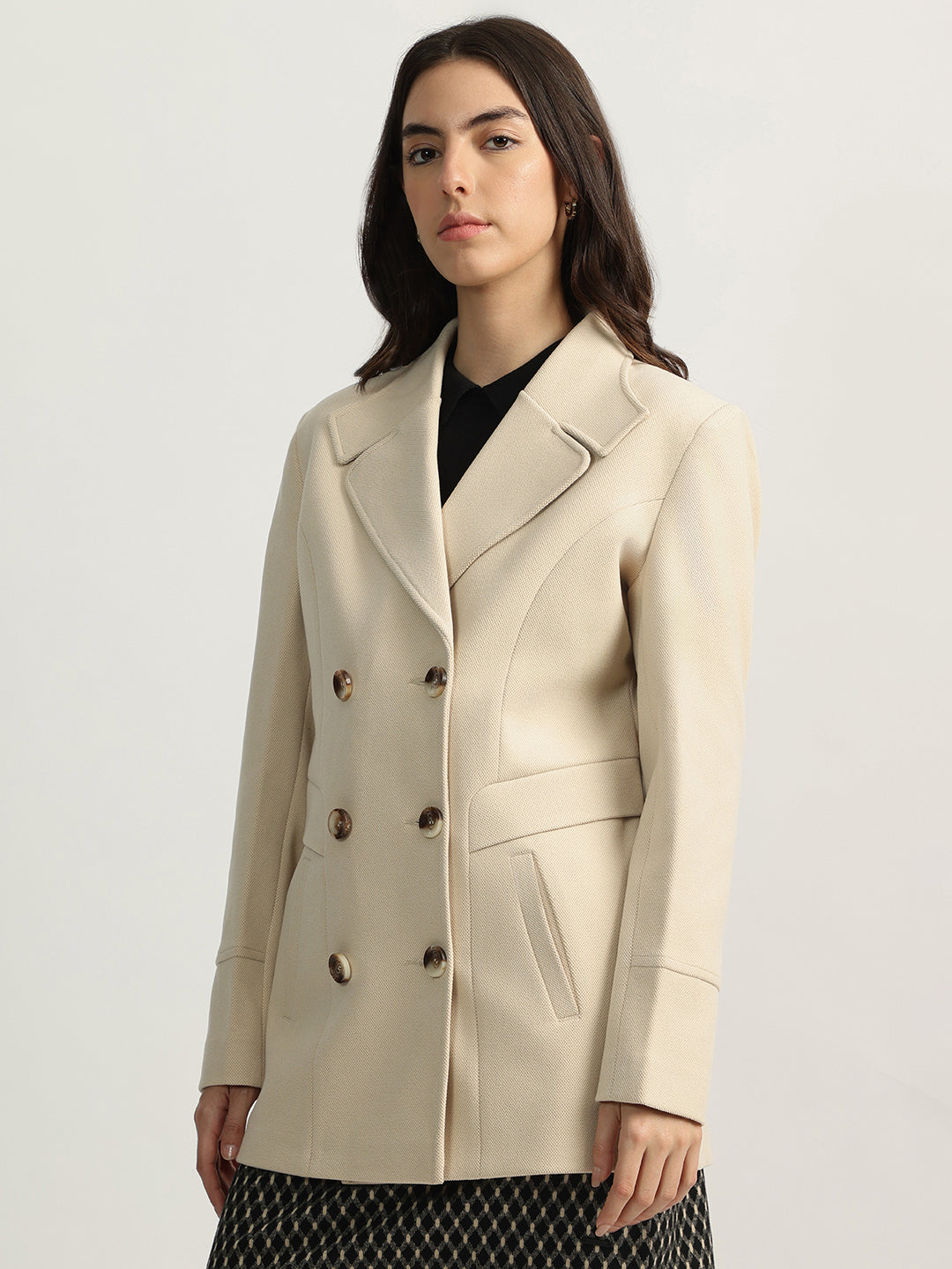 Elle Women Beige Solid Notched Collar Full Sleeves Overcoat