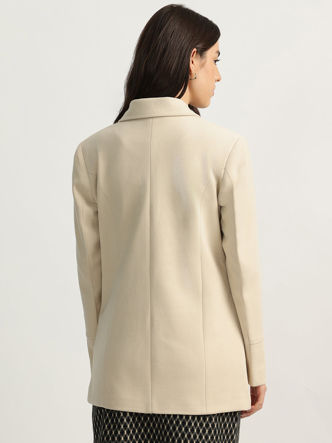 Elle Women Beige Solid Notched Collar Full Sleeves Overcoat