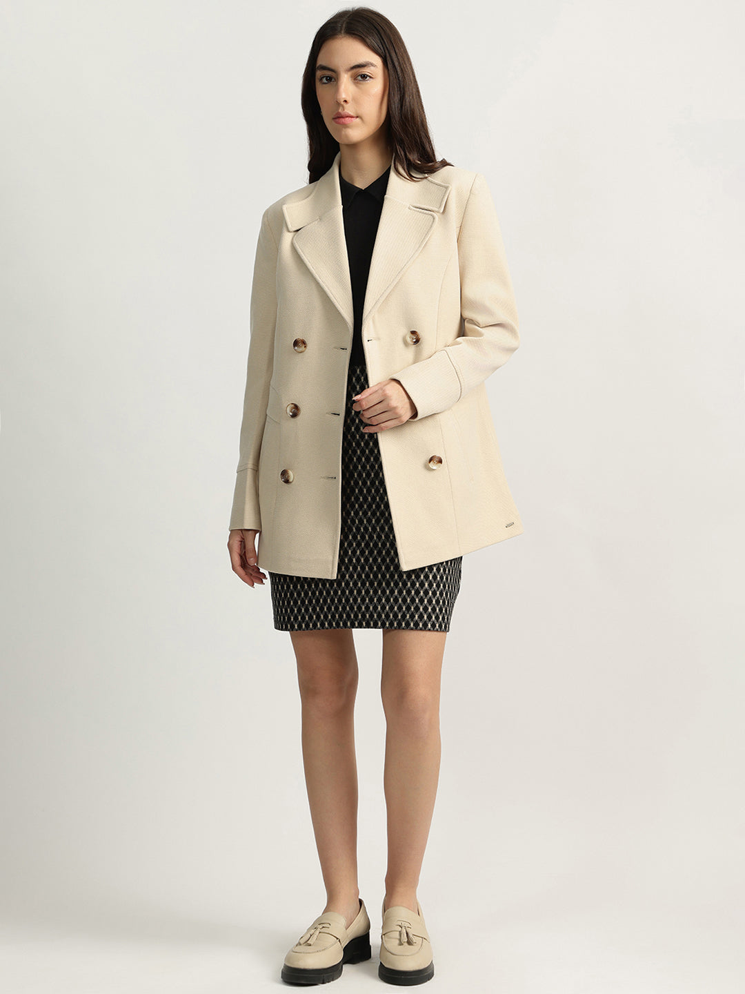 Elle Women Beige Solid Notched Collar Full Sleeves Overcoat