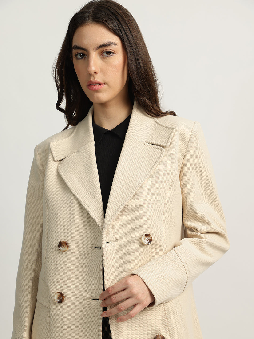 Elle Women Beige Solid Notched Collar Full Sleeves Overcoat