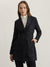 Elle Women Navy Blue Solid Shawl Collar Full Sleeves Coat