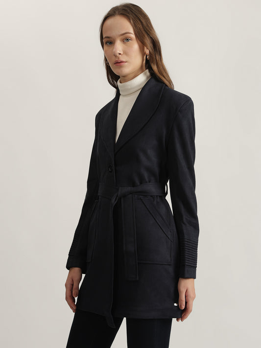 Elle Women Navy Blue Solid Shawl Collar Full Sleeves Coat