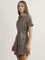 Elle Women Beige Checked Spread Collar Short Sleeves Belted Dress