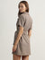 Elle Women Beige Checked Spread Collar Short Sleeves Belted Dress