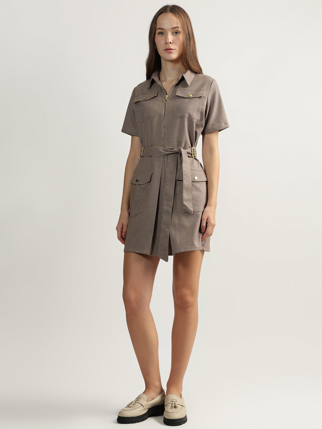 Elle Women Beige Checked Spread Collar Short Sleeves Belted Dress