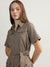 Elle Women Beige Checked Spread Collar Short Sleeves Belted Dress