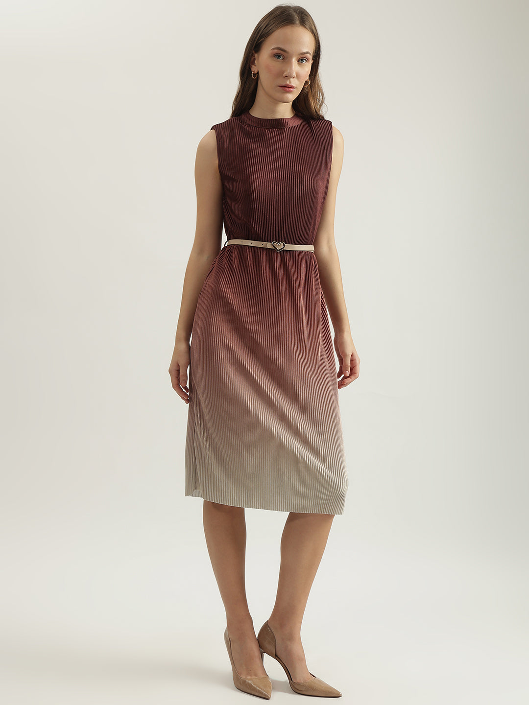 Elle Women Brown Dyed Round Neck Sleeveless Shift Dress