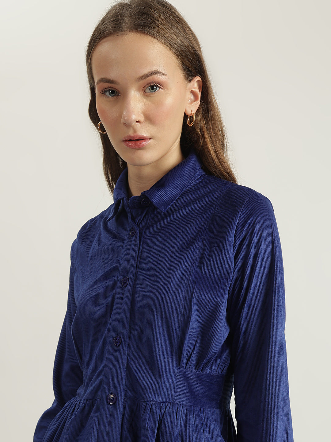 Elle Women Blue Solid Spread Collar Full Sleeves Shirt Dress