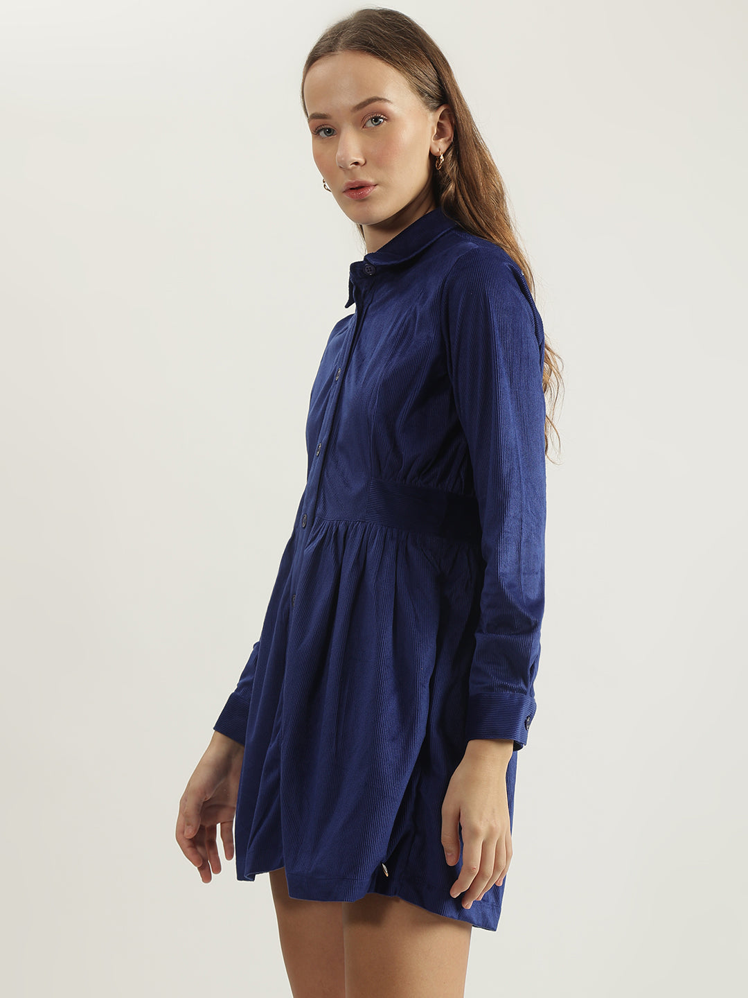 Elle Women Blue Solid Spread Collar Full Sleeves Shirt Dress