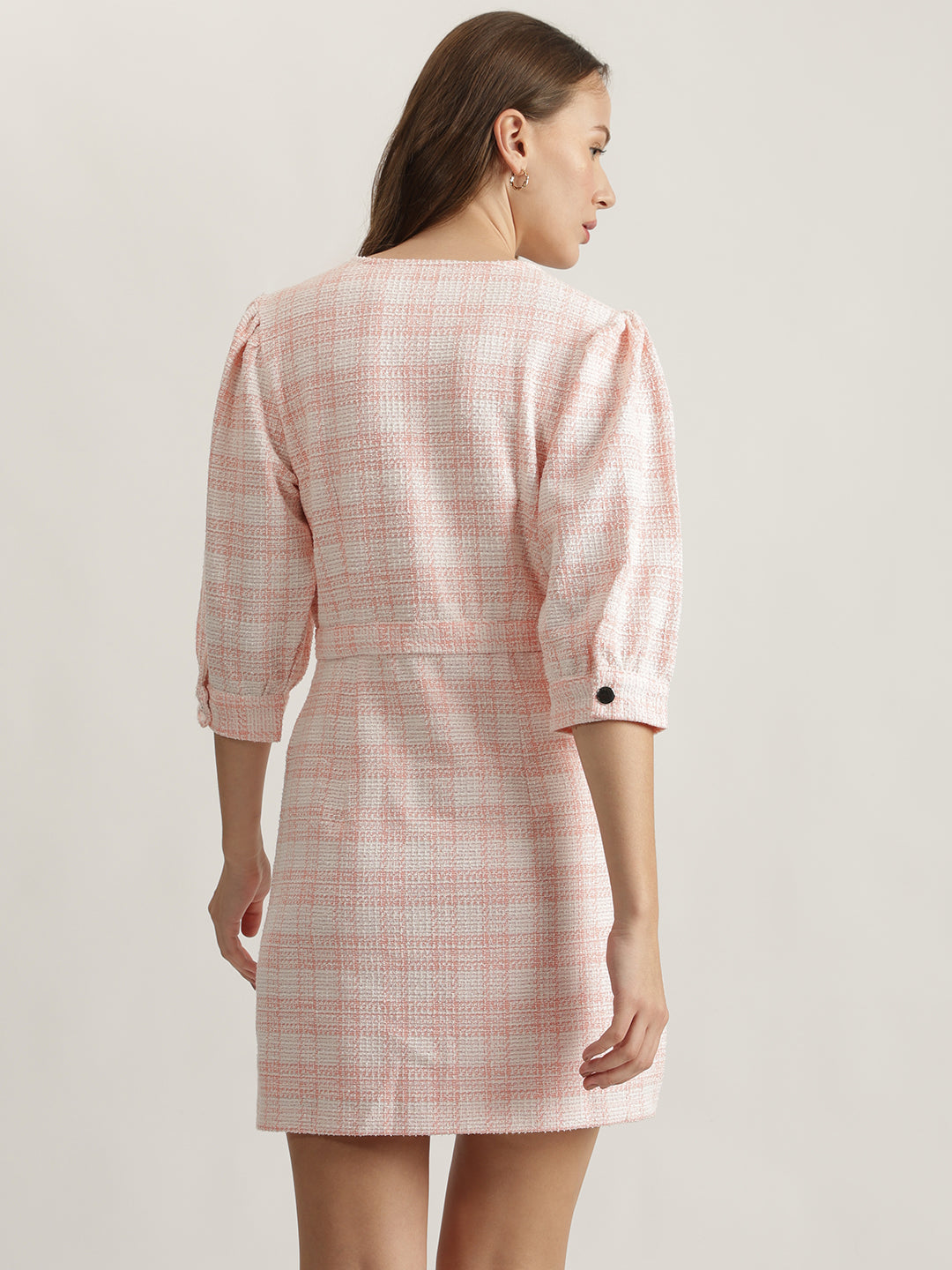 Elle Women Pink Checked Round Neck 3/4Th Sleeves Sheath Dress