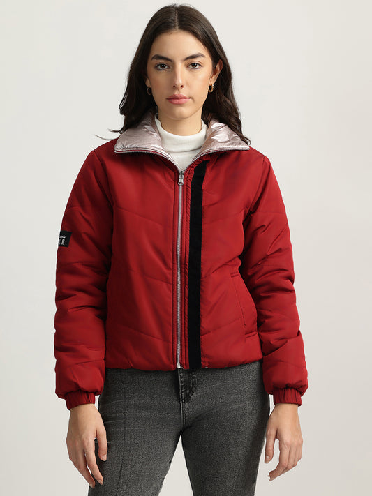 Elle Women Red Solid Stand Collar Full Sleeves Reversible Jacket