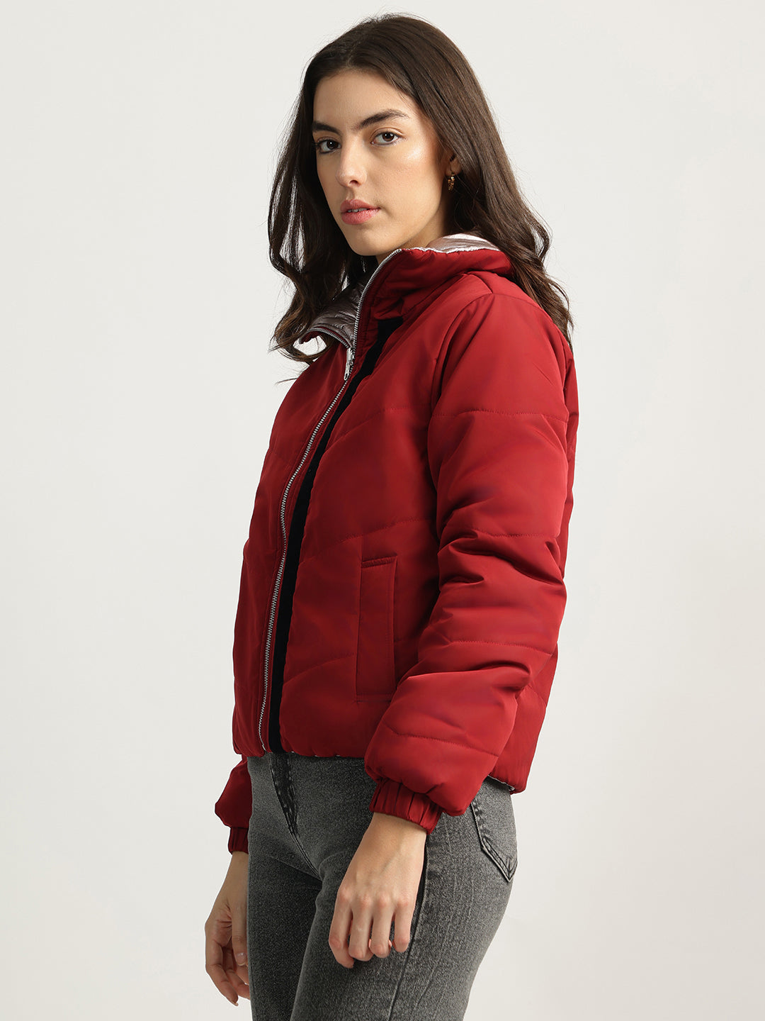 Elle Women Red Solid Stand Collar Full Sleeves Reversible Jacket