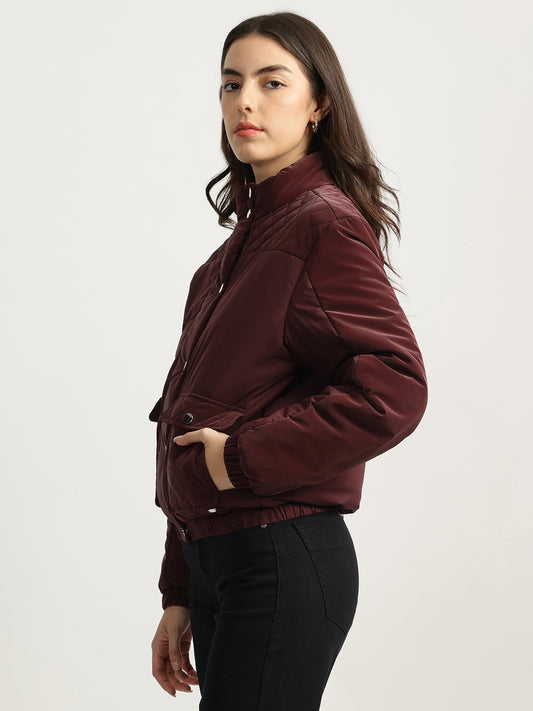 Elle Women Maroon Solid Stand Collar Full Sleeves Quilted Jacket