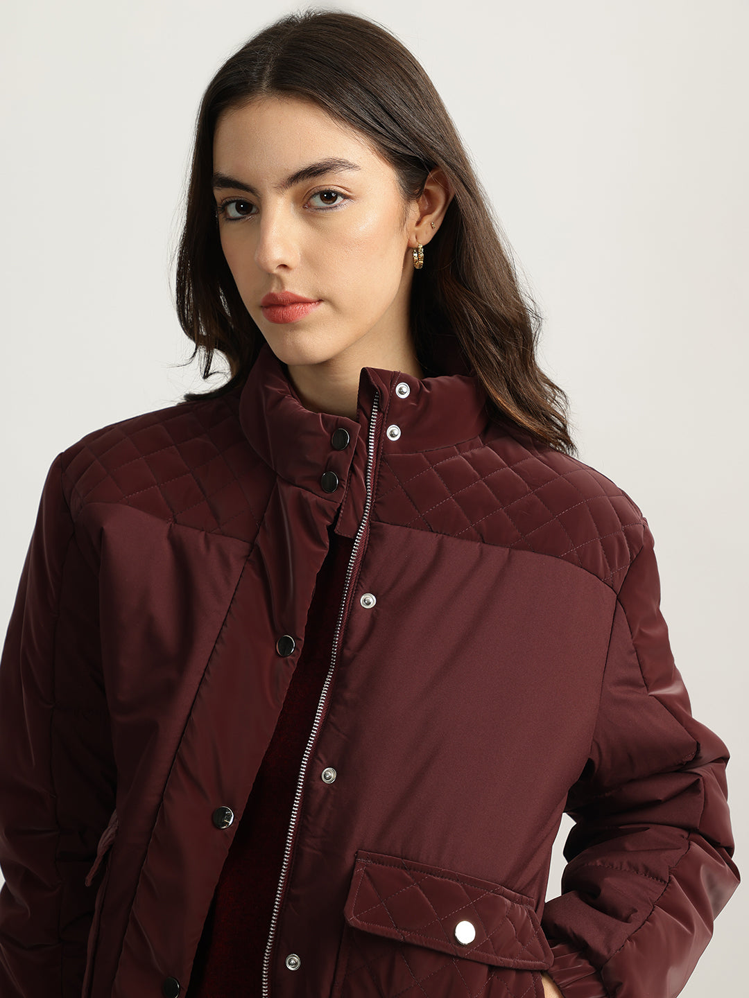 Elle Women Maroon Solid Stand Collar Full Sleeves Quilted Jacket