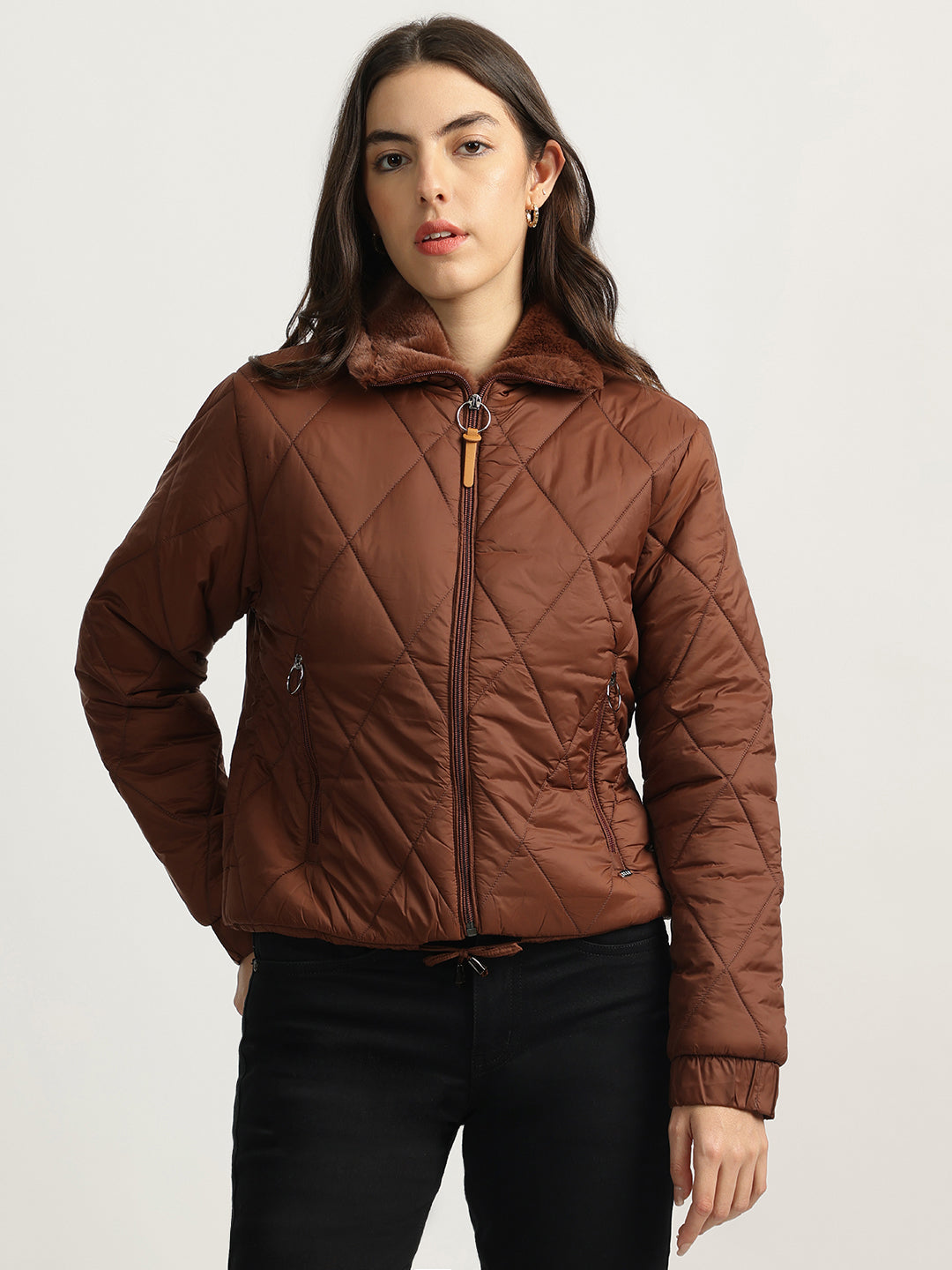 Elle Women Brown Solid Stand Collar Full Sleeves Quilted Jacket